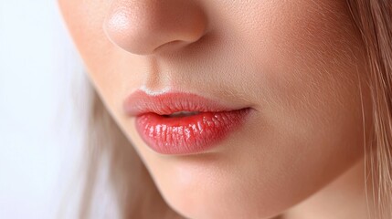 Fototapeta premium Close up of a womans face showcasing vibrant red lipstick and flawless skin in natural lighting