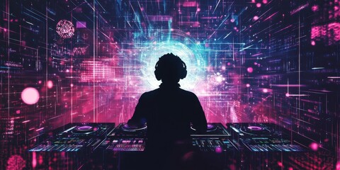 Silhouette of a dj performing with futuristic neon background