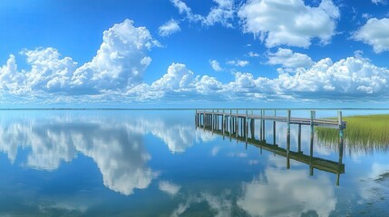 Obraz premium serene lake with a wooden pier, the sky filled with clouds and the water reflecting the peaceful landscape, creating a calming view.