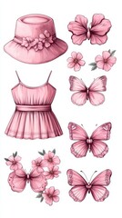 A collection of pink-themed fashion and nature elements, including a hat, dress, flowers, and butterflies.