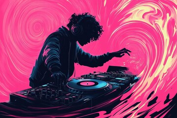 Silhouette of a dj mixing music with digital equipment