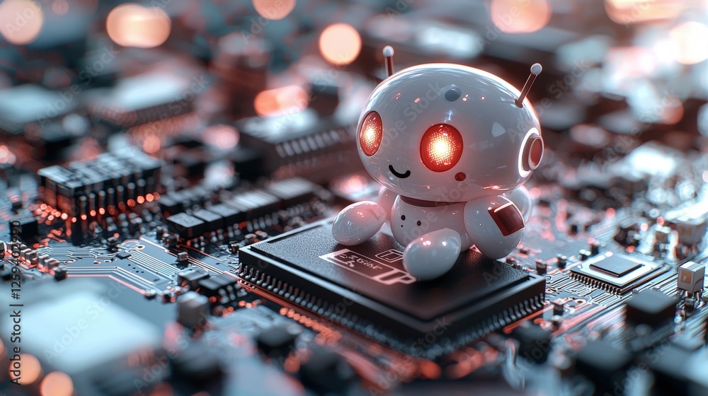Poster small robot sitting on computer with glowing ai chatbot icon in high fidelity realistic style