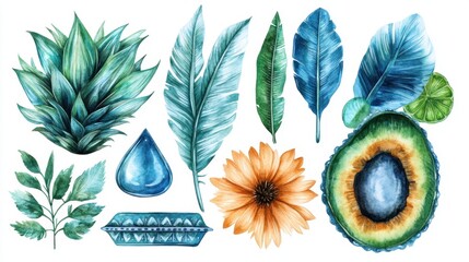A collection of watercolor botanical elements featuring leaves, flowers, and natural motifs.