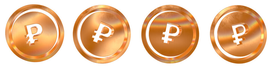 Obraz premium Set of 4 3d rouble solid coin shapes with golden and rainbow effects isolated on a transparent background. 3d elements for graphic design.