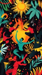Colorful stylized figures dancing around a bright fire under sunlight