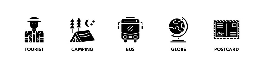 Travel and Holiday banner web icon illustration concept with icon of tourist, camping, bus, globe, and postcard