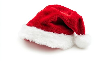 Red Santa hat on a white background. Featuring classic holiday accessory. Ideal for Christmas-themed content.