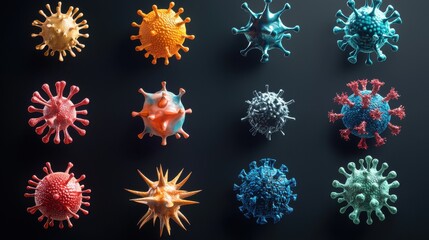 Three-dimensional colorful virus models representing various strains in a scientific illustration
