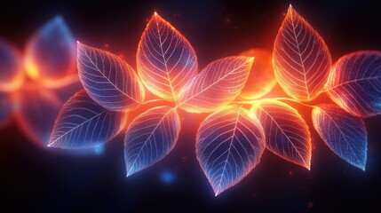 Glowing leaves, fiery branch, dark background, nature art, website header
