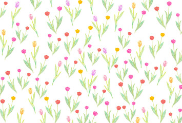 手描き水彩＿カラフルなかわいいチューリップ畑の背景