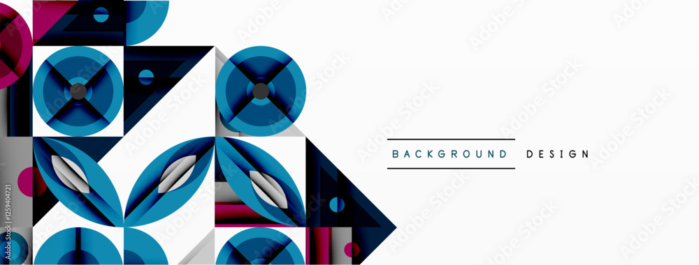 Poster Geometric abstract composition with intersecting shapes, circles, triangles, and gradients, blending vibrant colors and dynamic contrasts to create a modern, futuristic visual design