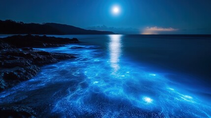 full moon hanging low over the sea, casting a radiant glow across the water. Bioluminescent plankton illuminate the ocean, adding a surreal, glowing effect to the peaceful nighttime landscape