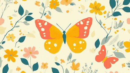 A colorful illustration featuring butterflies and flowers on a light background.