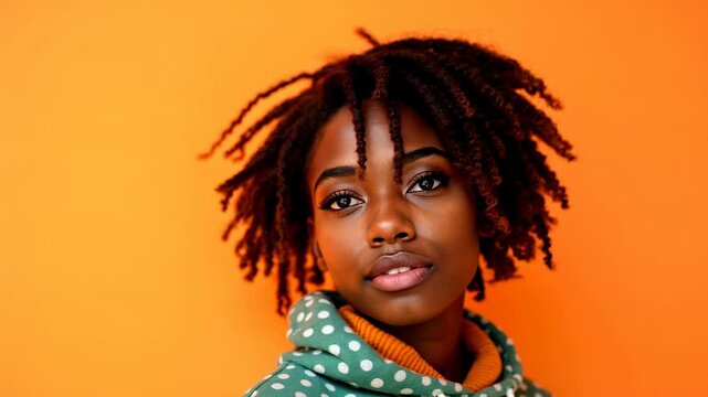 Vibrant expression against orange background: portrait sequence of woman with natural hair