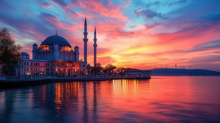 Bosphorus Strait at sunset, where the sky glows in rich colors and the peaceful waters reflect the stunning hues of the setting sun.