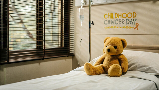 Oso de peluche Teddy en cama de hospital con letrero de cancer infantil