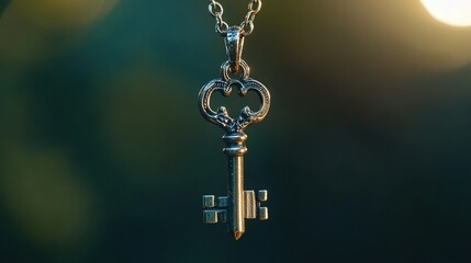 key pendant, showing the detailed work and delicate shine of the key hanging from a necklace.