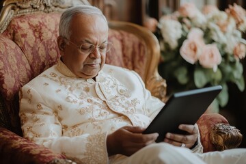 Obraz premium Elderly man in ornate clothing uses tablet. Perfect for articles on aging, technology, or cultural events.