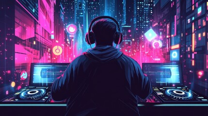 Dj mixing music in a futuristic vibrant cityscape environment