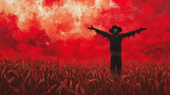 A scarecrow standing in a field under a red sky creating a dramatic scene of autumn