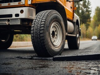 Car driving on asphalt road. Detail of tires and asphalt. Low angle view.