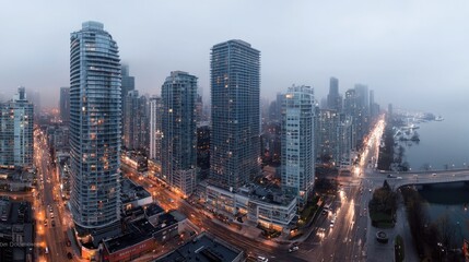 City Skyline at Dawn, Aerial View of Skyscrapers