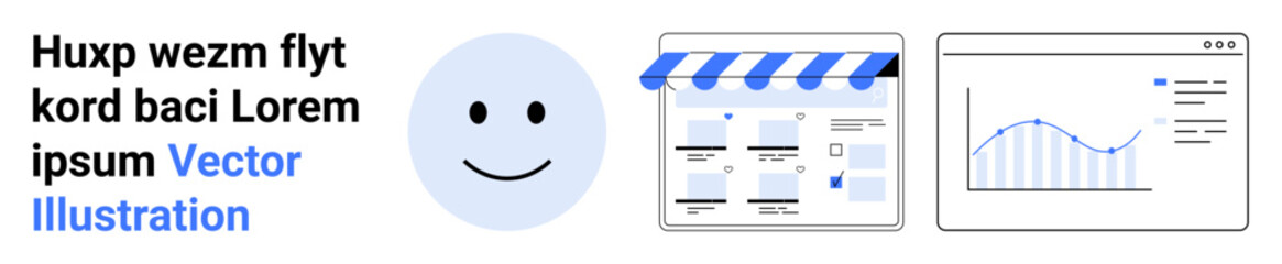 Happy face, storefront banner, analytics dashboard with chart and text. Ideal for e-commerce, analytics, marketing, business planning, customer satisfaction, digital strategies audience engagement
