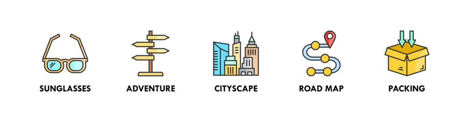 Obraz premium Travel and Holiday banner web icon illustration concept with icon of sunglasses, adventure, cityscape, road map, and packing