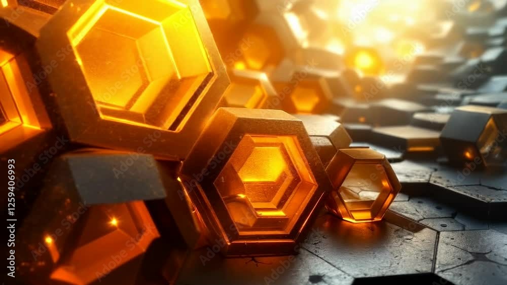 Poster glowing hexagonal structures transforming in futuristic metallic environment