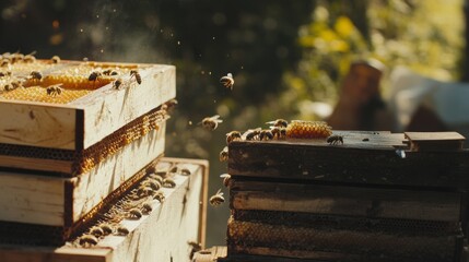 Scene of a beekeeping setup. Featuring hives, bees, and protective gear. Highlighting the practice of beekeeping. Ideal for nature and hobbyist blogs.