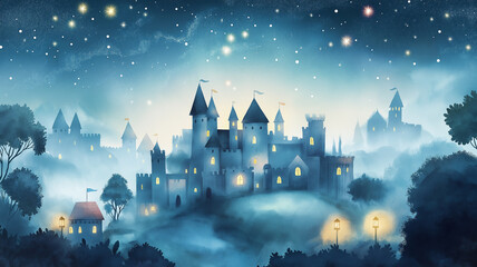 Fototapeta premium 童話のような雲上の城｜夜空と星に包まれた幻想的な風景