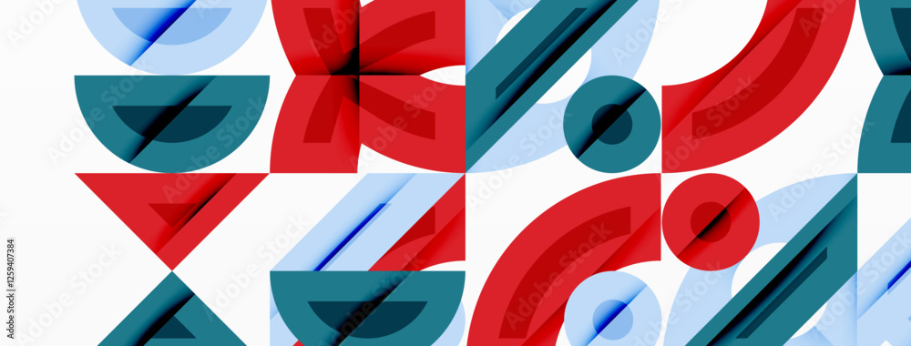 Poster Abstract geometric background with shapes, featuring circular and rounded elements. Bold contrast, smooth gradients, dynamic composition, futuristic style