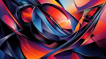 Abstract art, vibrant shapes, dynamic energy, city backdrop, graphic design