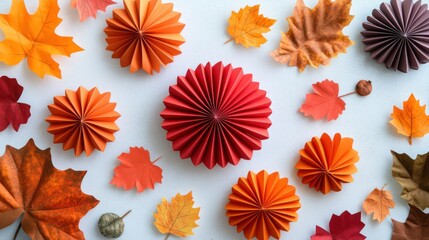 Fototapeta premium Autumn leaves & paper craft on white background