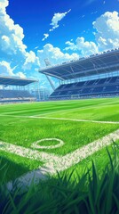 Anime style soccer stadium with bright blue sky background