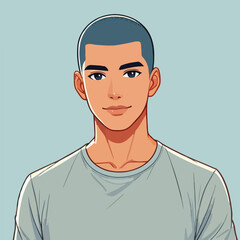 A good-looking man with a buzz cut, wearing a plain t-shirt, illustrated in a flat style