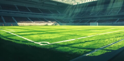 Wide angle view of a soccer stadium with green grass