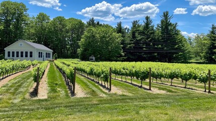 Scenic vineyard landscape with a charming house under a bright blue sky and lush greenery