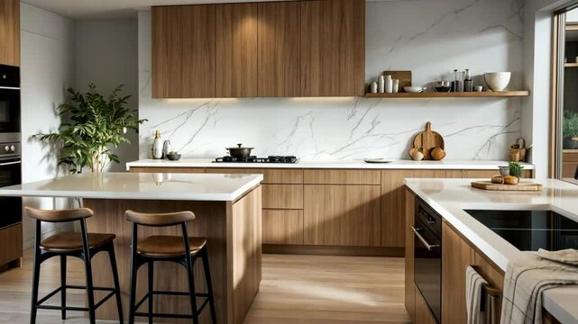 Modern kitchen interior with wooden accents and marble walls highlighting sleek minimalist design