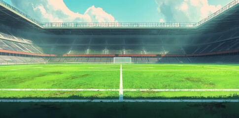 Cartoon style image shows large empty soccer stadium daylight
