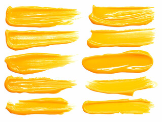 Obraz premium Yellow paint strokes, texture samples, white background, design element