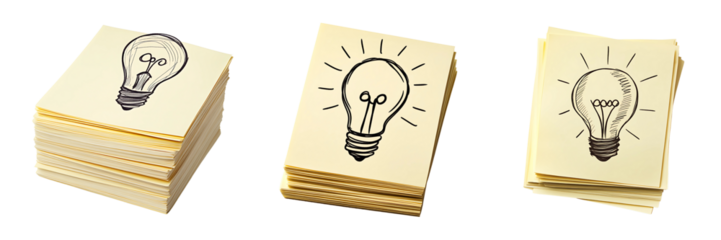 Set of sticky notes with hand-drawn light bulb isolated on a white or transparent background