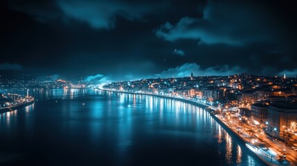 Obraz premium coastal city at night, with illuminated streets, buildings, and the ocean reflecting the lights, creating a stunning urban and natural contrast