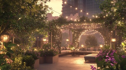 Obraz premium Picturesque Rooftop Garden Oasis with Twinkling Fairy Lights