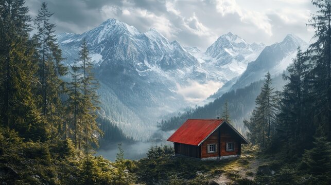 mountain hut with a red roof, surrounded by tall pines and framed by snow-capped peaks,