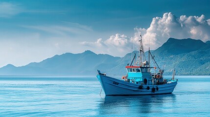 fishing boat on the serene blue sea, surrounded by mountains, creating a natural and peaceful landscape ideal for relaxation