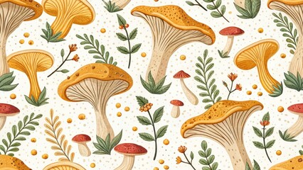 Cute Chanterelle Mushroom Illustrations, Homegrown Garden Background, Portrait Photography
