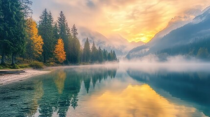 Fototapeta premium quiet lake shore at dawn, with mist rising off the water and soft golden light filtering through the trees,