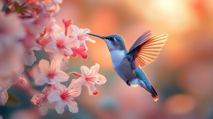 A hummingbird hovering gracefully near vibrant pink flowers during a serene sunset