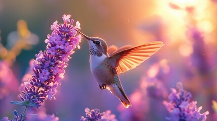 Fototapeta premium A hummingbird hovering near vibrant lavender flowers during a soft sunset glow